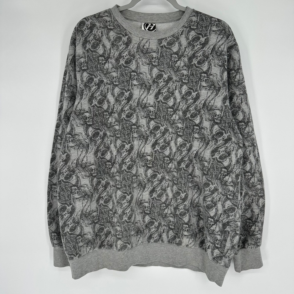 Vintage Y2K Mens 2XL Skull All Over Print Crewneck Sweatshirt Gray Pullover